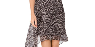 Adrianna Papell Women's Leopard Print Chiffon Flyaway Dress Gray Size Medium