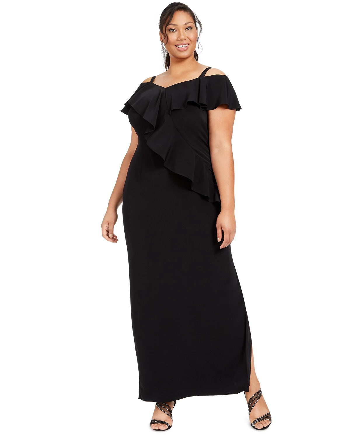 Adrianna Papell Women's Plus Size Ruffled Cold-Shoulder Gown Black Size 18