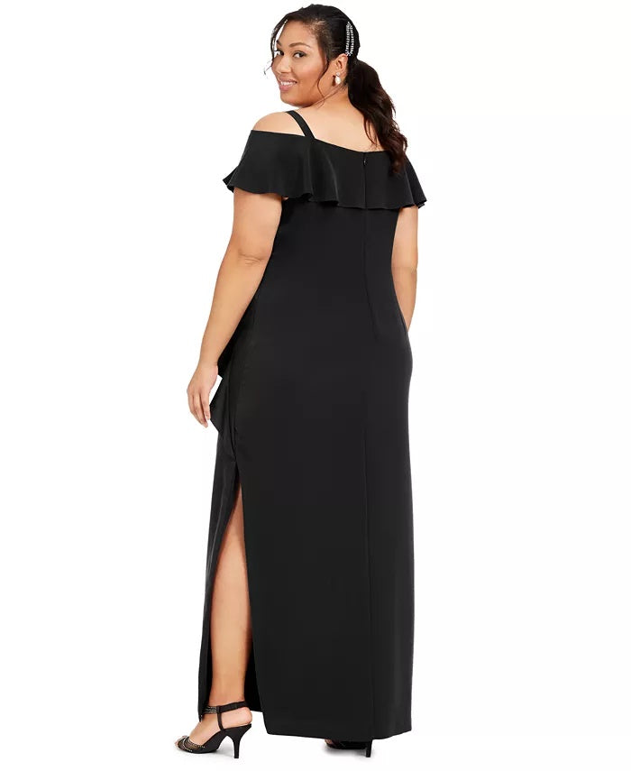 Adrianna Papell Women's Plus Size Ruffled Cold-Shoulder Gown Black Size 18