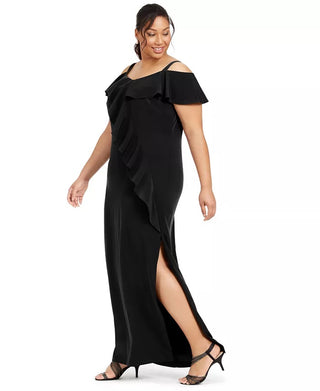 Adrianna Papell Women's Plus Size Ruffled Cold-Shoulder Gown Black Size 18