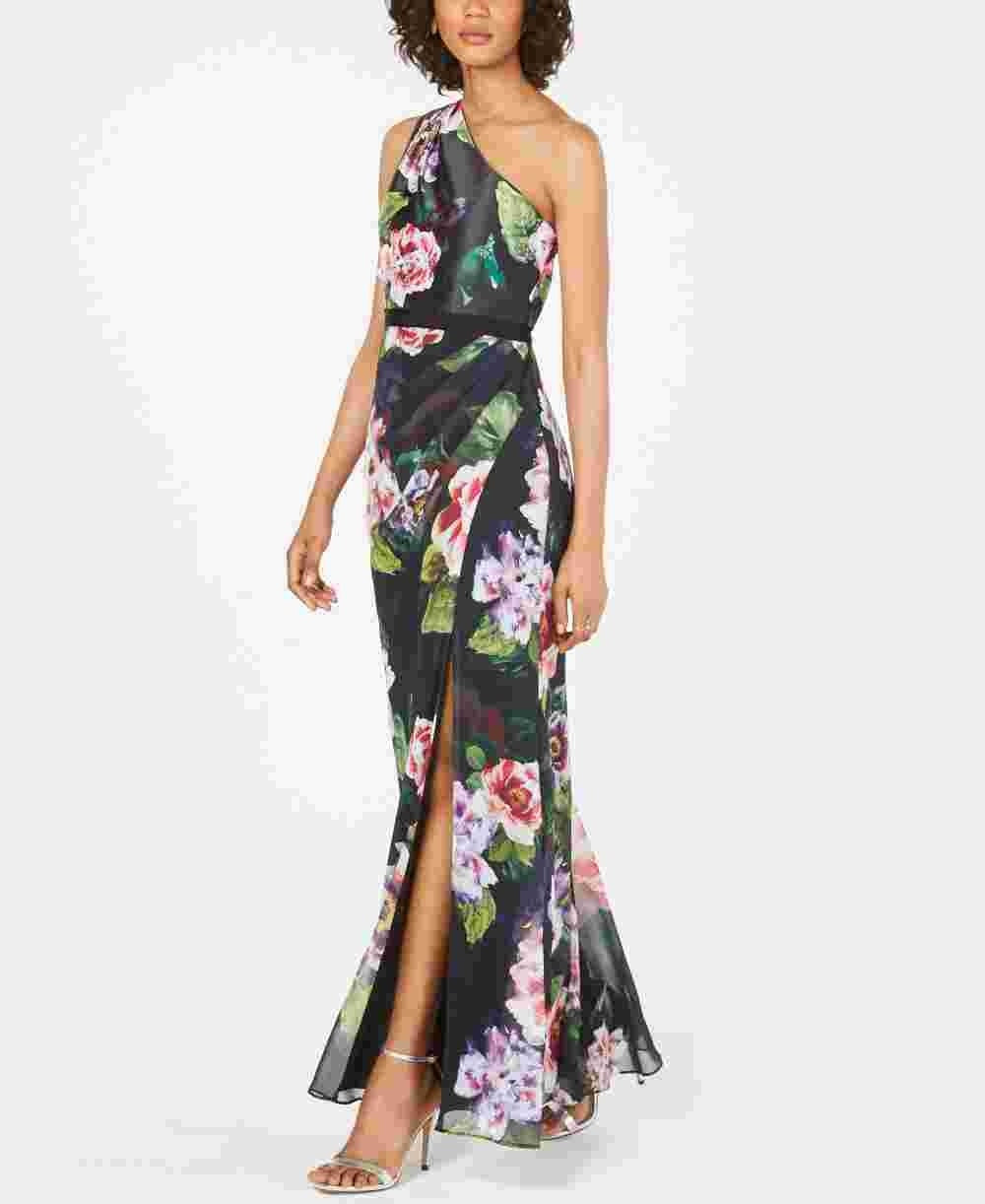 Adrianna Papell Women's Floral Print One Shoulder Gown Black Floral Size 12