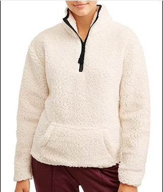 Derek Heart Junior's Quarter Zip Sherpa Pullover Sweater Brown Size Large