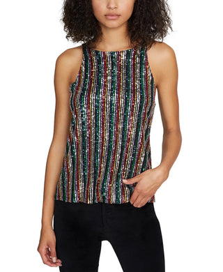 Sanctuary Women's Sequined Striped Spaghetti Strap Scoop Neck Top Black Size X-Large