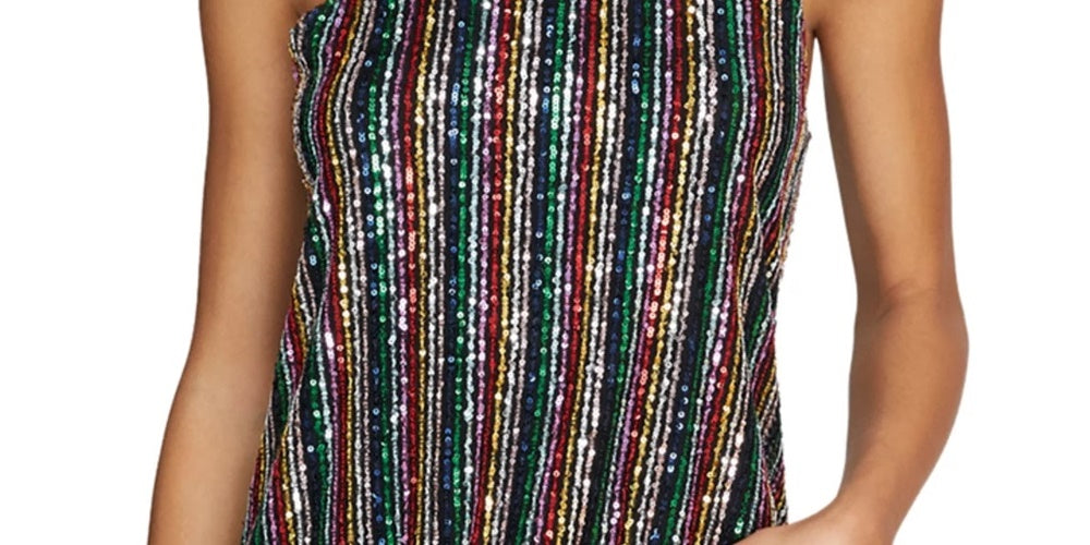 Sanctuary Women's Sequined Striped Spaghetti Strap Scoop Neck Top Black Size X-Large