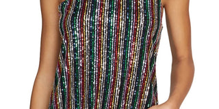 Sanctuary Women's Sequined Striped Spaghetti Strap Scoop Neck Top Black Size X-Large