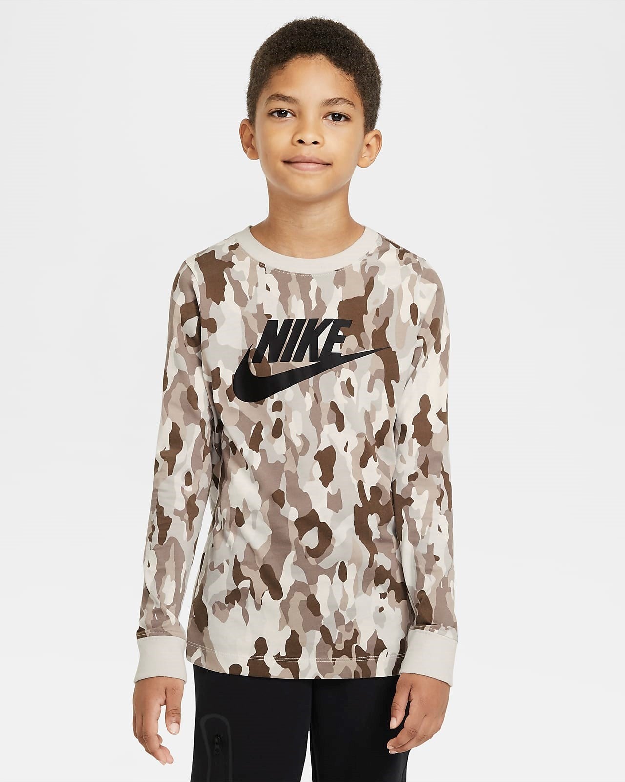 Nike Big Boys Cotton Camo-Print Long-Sleeve T-Shirt Brown Size Small