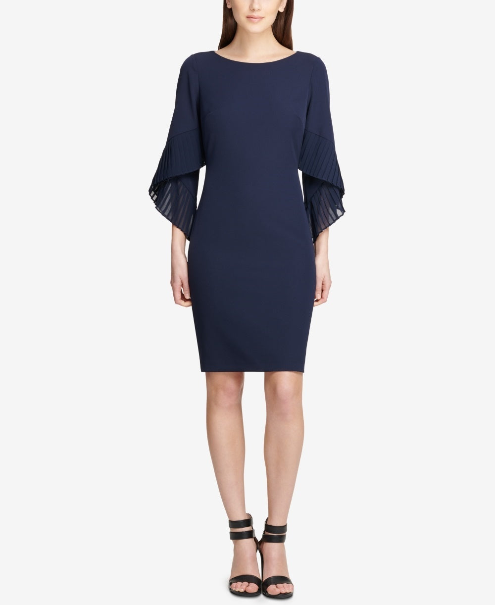 DKNY Women's Pleated Bell-Sleeve Sheath Dress  Navy Size 16