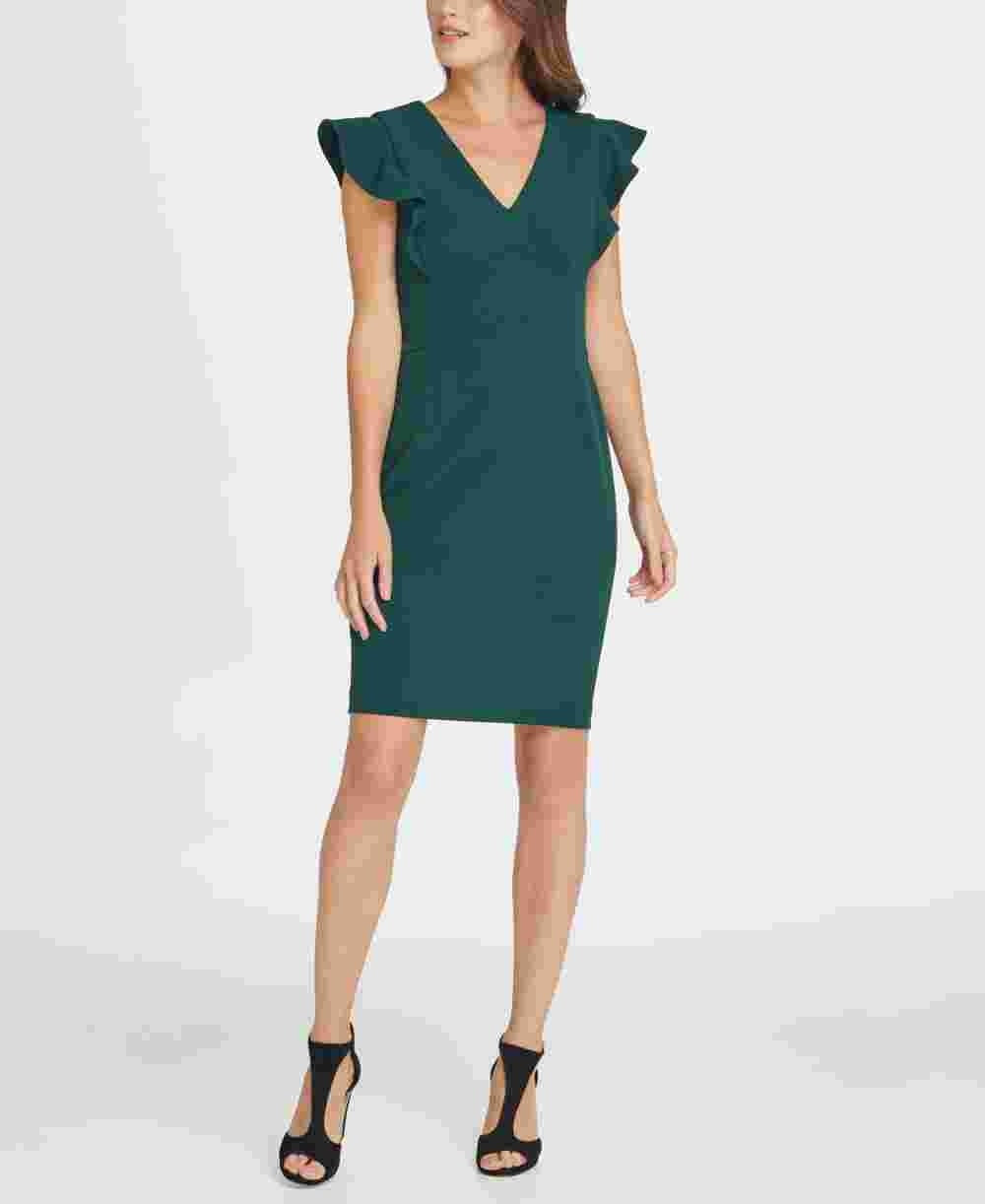 DKNY Women's V-Neck Ruffle Cap Sleeve Sheath Dress Green Size 16