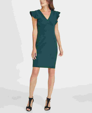 DKNY Women's V-Neck Ruffle Cap Sleeve Sheath Dress Green Size 16