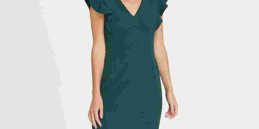 DKNY Women's V-Neck Ruffle Cap Sleeve Sheath Dress Green Size 16