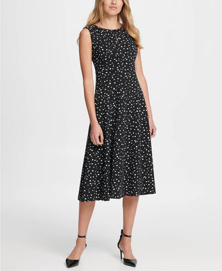 DKNY Women's Dot Print Pleated Empire Waist Midi Fit & Flare Dress Gray Size 10