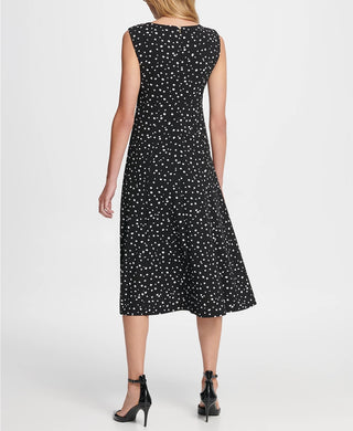 DKNY Women's Dot Print Pleated Empire Waist Midi Fit & Flare Dress Gray Size 10