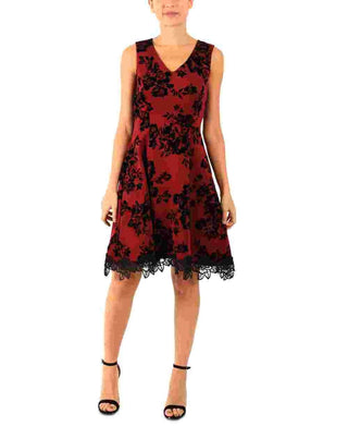 Donna Ricco Women's Floral Flocked Scuba Crepe Dress Red Size 14