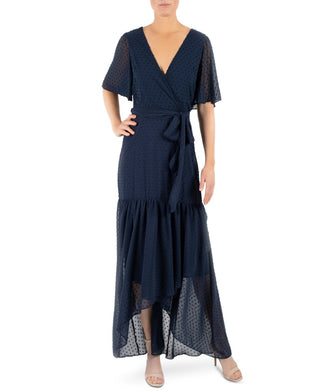 Donna Ricco Women's Tie Belted Chiffon High-Low Maxi Dress Navy Size 14