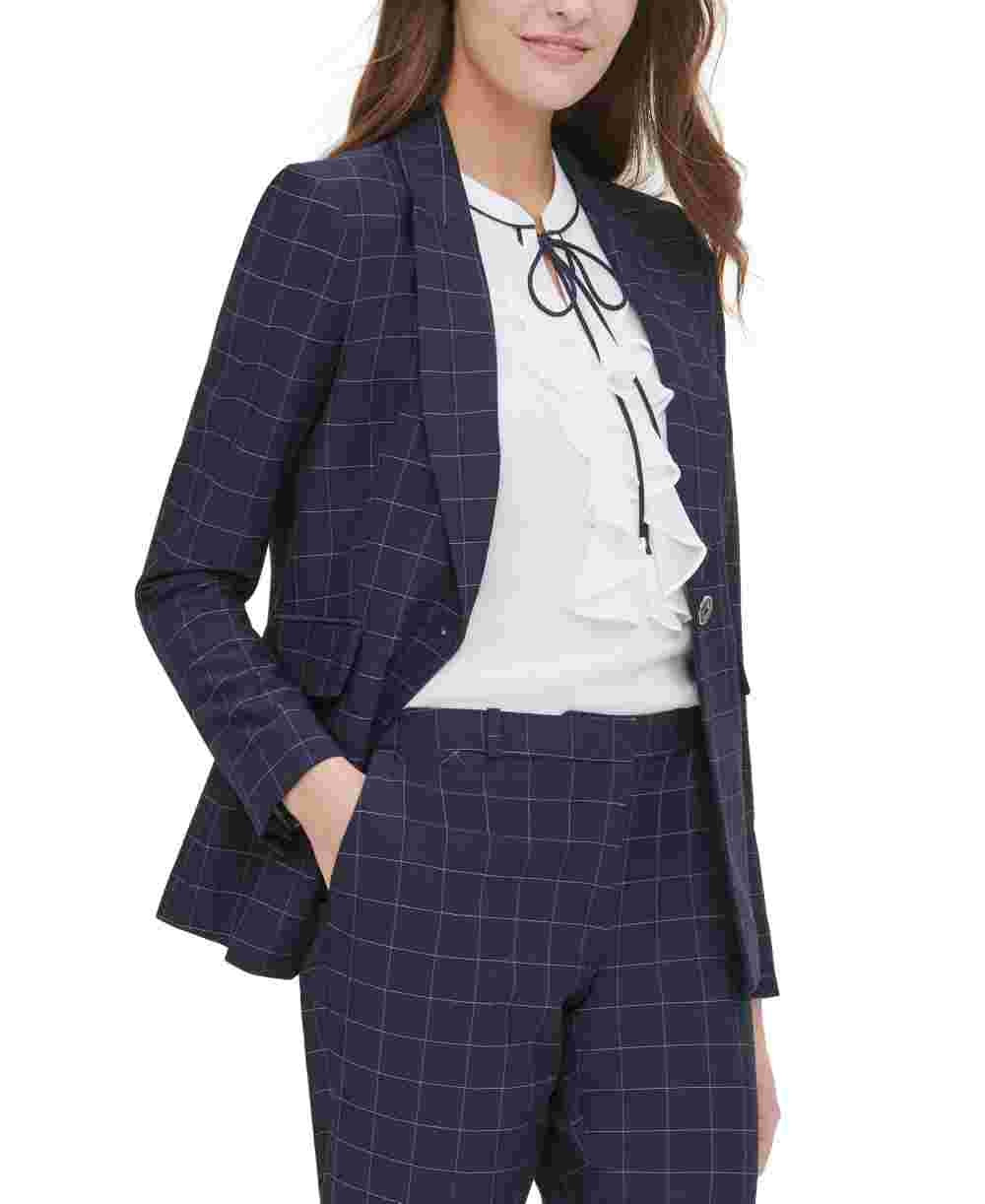Tommy Hilfiger Women's Windowpane-Print Single-Button Blazer Blue Size 4