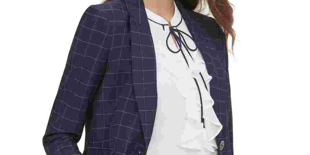 Tommy Hilfiger Women's Windowpane-Print Single-Button Blazer Blue Size 4