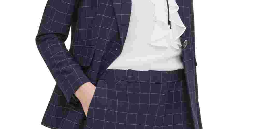 Tommy Hilfiger Women's Windowpane-Print Single-Button Blazer Blue Size 4