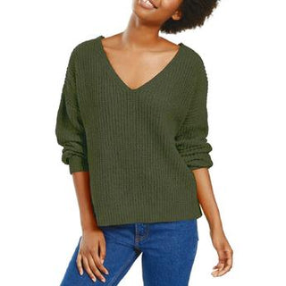 Hippie Rose Junior's Chenille V Neck Sweater Green Size Large