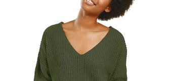 Hippie Rose Junior's Chenille V Neck Sweater Green Size Large