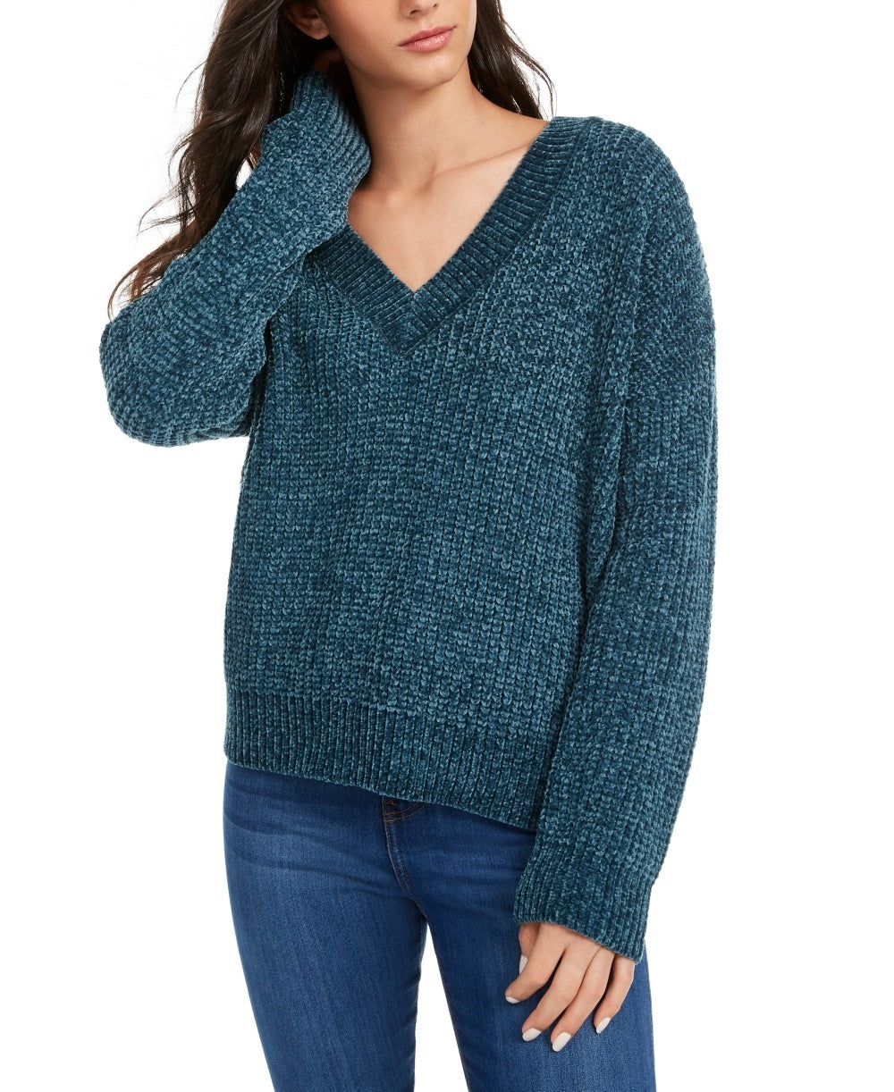 Hippie Rose Junior's V Neck Chenille Sweater Blue Size X-Small