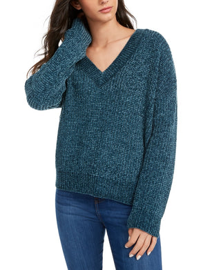 Hippie Rose Junior's V Neck Chenille Sweater Blue Size X-Small