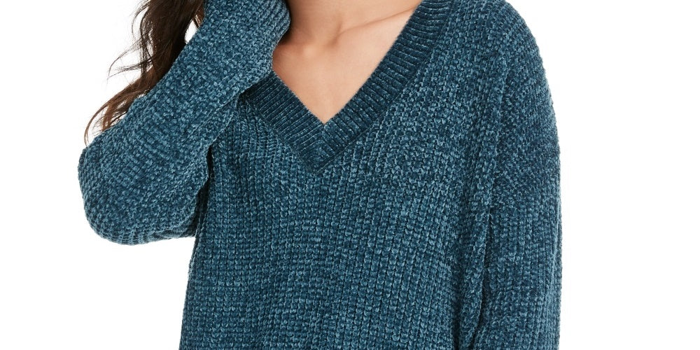 Hippie Rose Junior's V Neck Chenille Sweater Blue Size X-Small