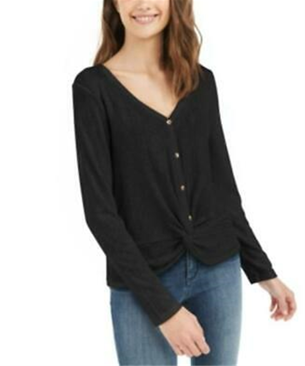 Hippie Rose Junior's Twist Front Button Up Top Black Size X-Small