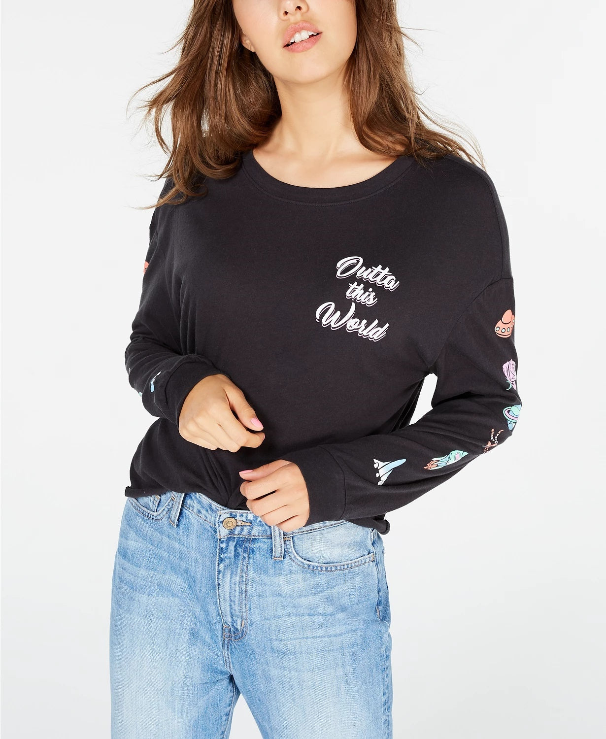 Rebellious One Juniors' Cotton Space Graphic T-Shirt Charcoal Size X-Large