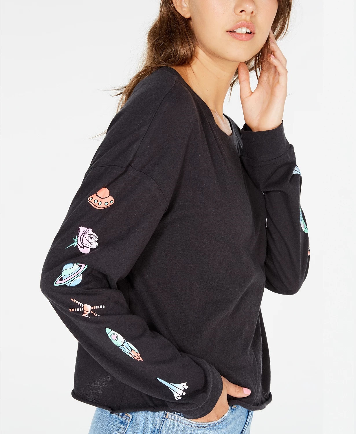 Rebellious One Juniors' Cotton Space Graphic T-Shirt Charcoal Size X-Large