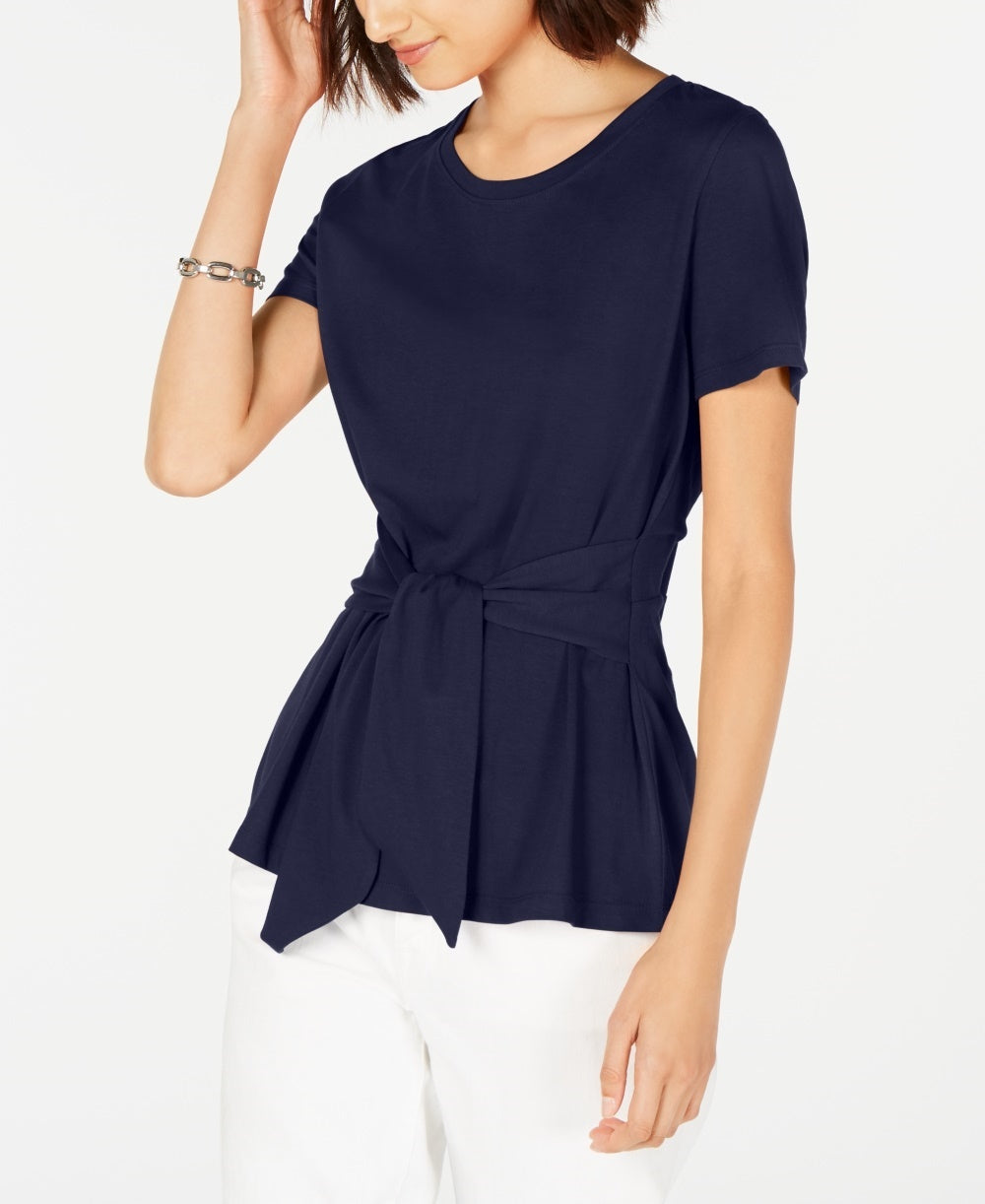 Tommy Hilfiger Women's Tie Front Short Sleeve Top  Blue Size Medium