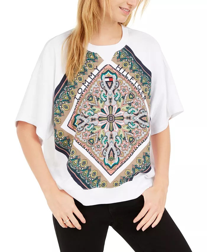 Tommy Hilfiger Women's Paisley Raglan Sweatshirt White Size Medium