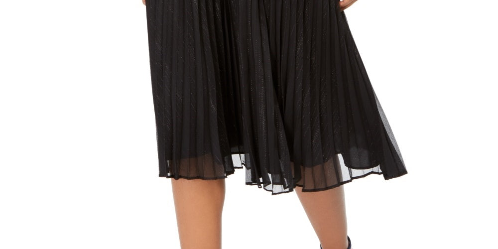 Tommy Hilfiger Women's Metallic Pleated Midi Skirt Black Size Small