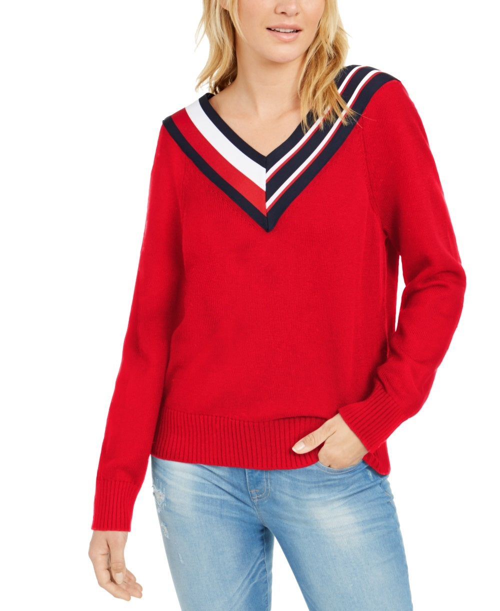 Tommy Hilfiger Women's Striped V-Neck Sweater Red Size X-Large