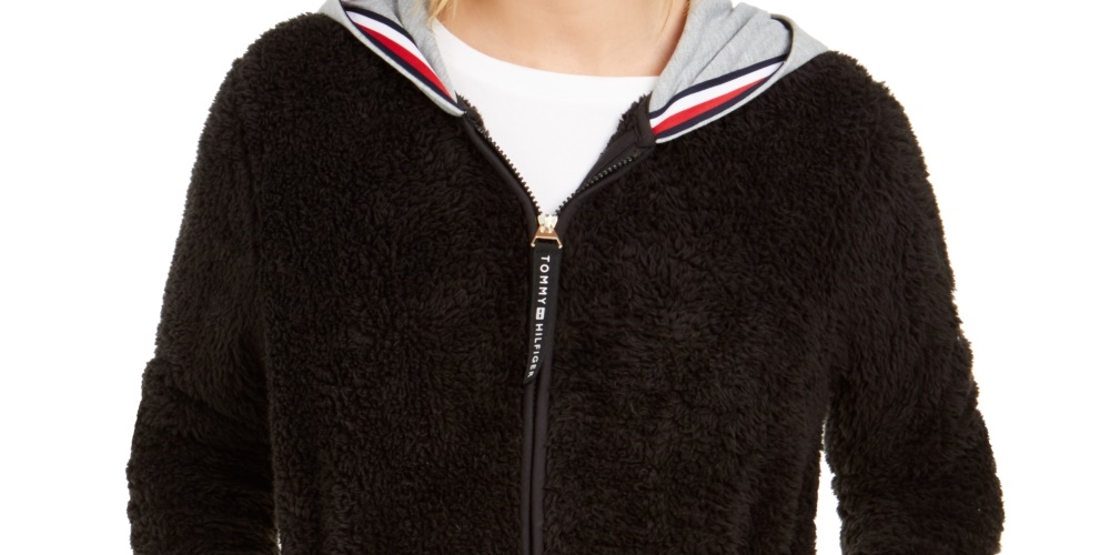 Tommy Hilfiger Women's Faux-Sherpa Hoodie Black Size Medium