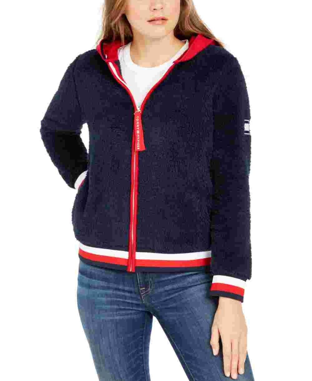 Tommy Hilfiger Women's Faux-Sherpa Hoodie Navy Size Small