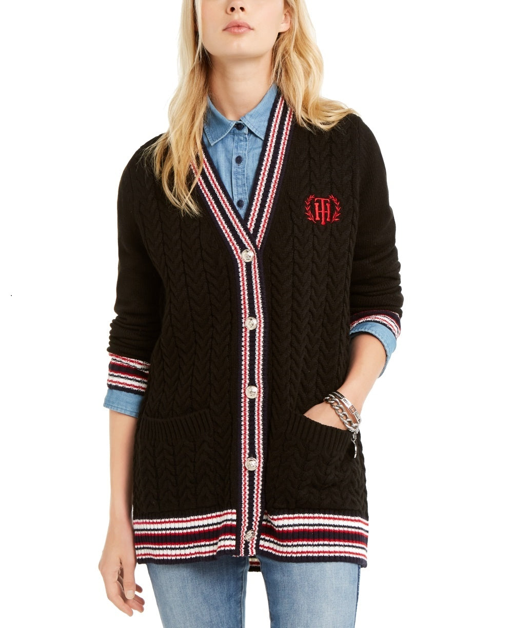 Tommy Hilfiger Women's Cable Knit Varsity Cardigan  Black Size XX-Large