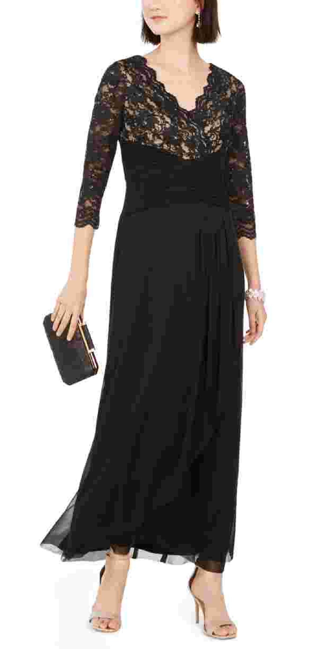 Jessica Howard Women's 3/4 Sleeve V Neck Maxi Sheath Evening Dress Black Size 16