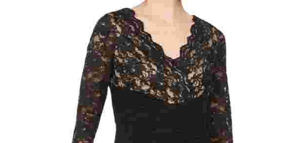 Jessica Howard Women's 3/4 Sleeve V Neck Maxi Sheath Evening Dress Black Size 16