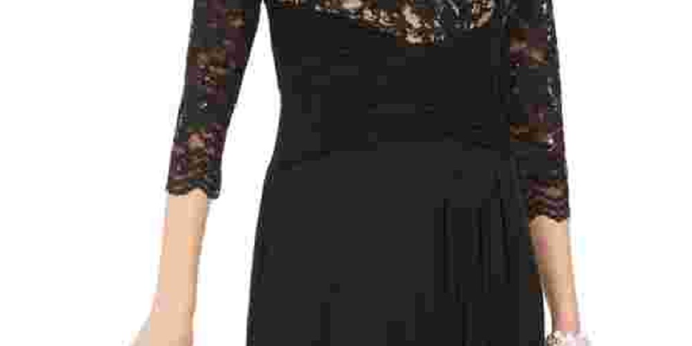 Jessica Howard Women's 3/4 Sleeve V Neck Maxi Sheath Evening Dress Black Size 16