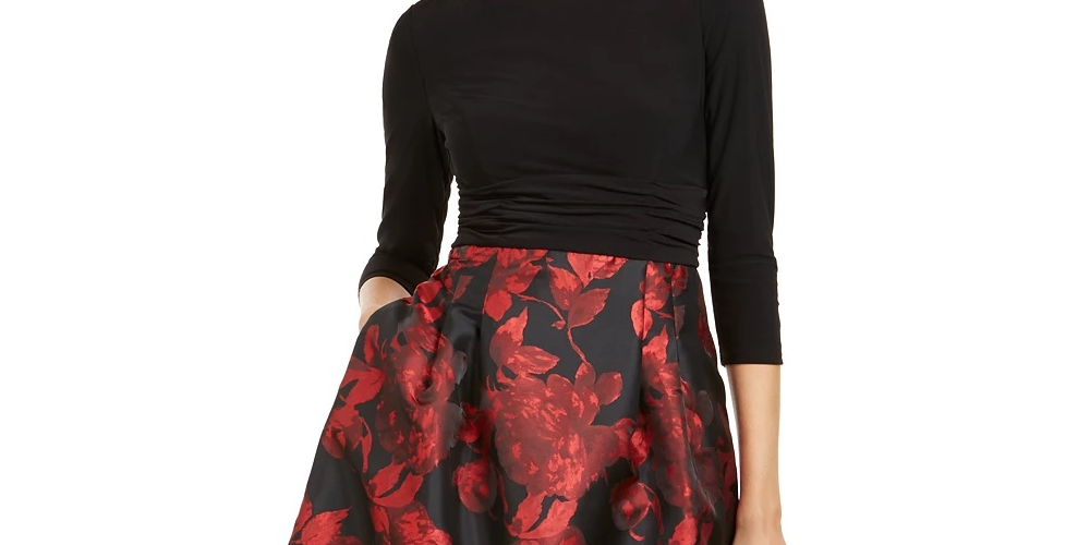 Jessica Howard Women's Floral Long Sleeve Boat Neck Short Fit Flare Evening Dress Red Size 12 Petite