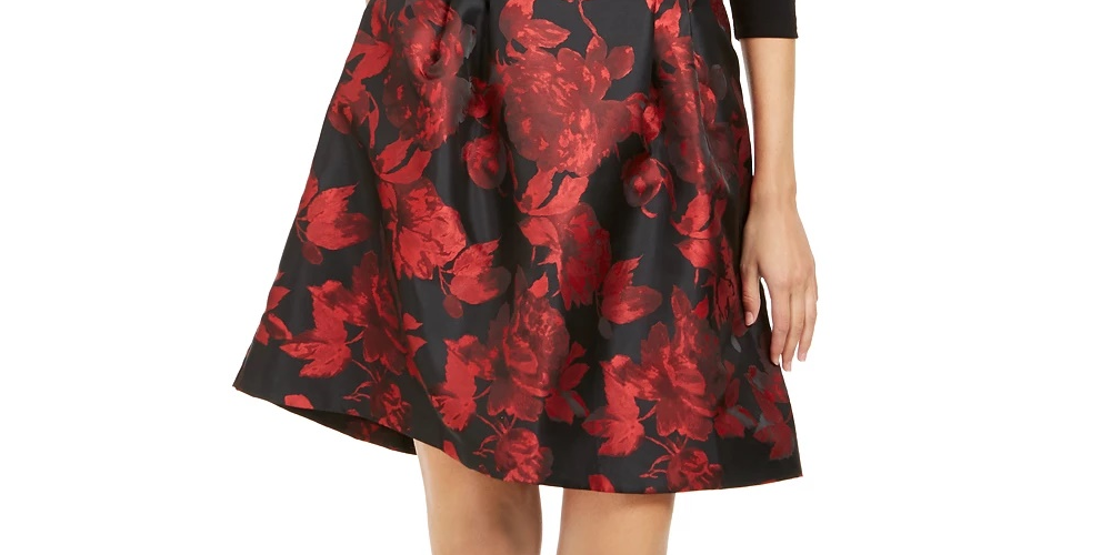Jessica Howard Women's Floral Long Sleeve Boat Neck Short Fit Flare Evening Dress Red Size 12 Petite