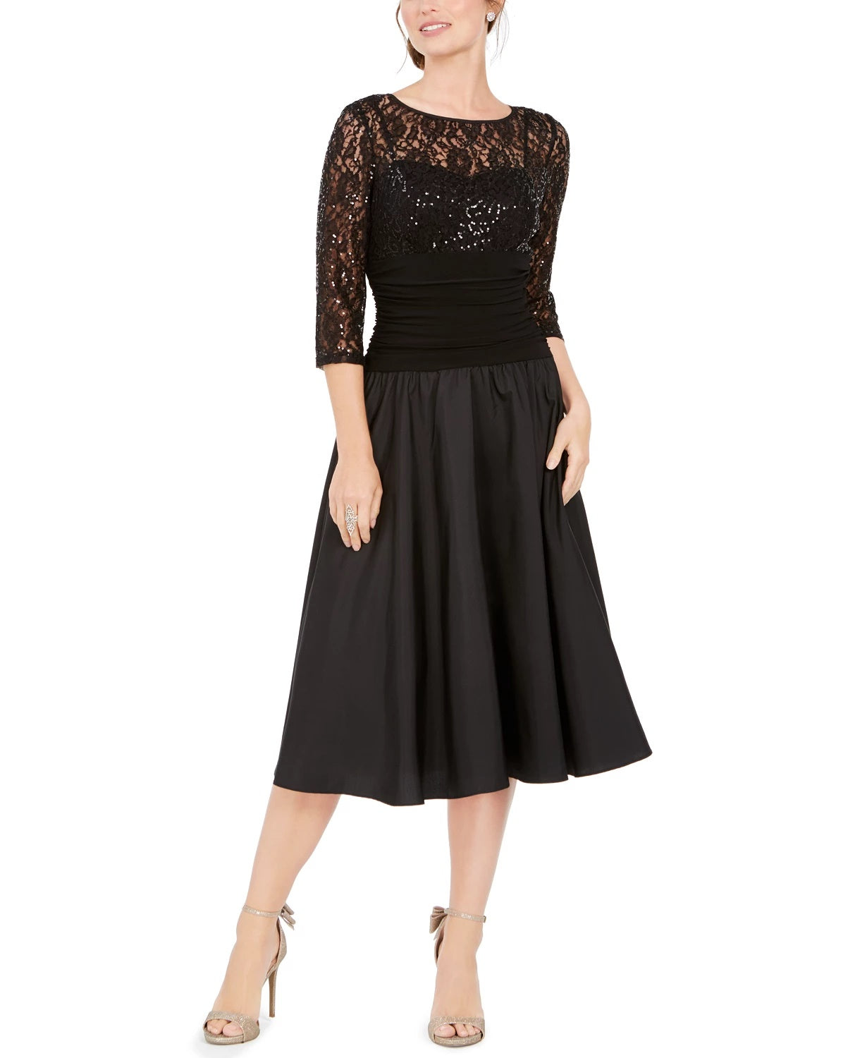Jessica Howard Women's Sequined 3/4 Sleeve Illusion Neckline Below The Knee Fit Flare Evening Dress Black Size 6 Petite