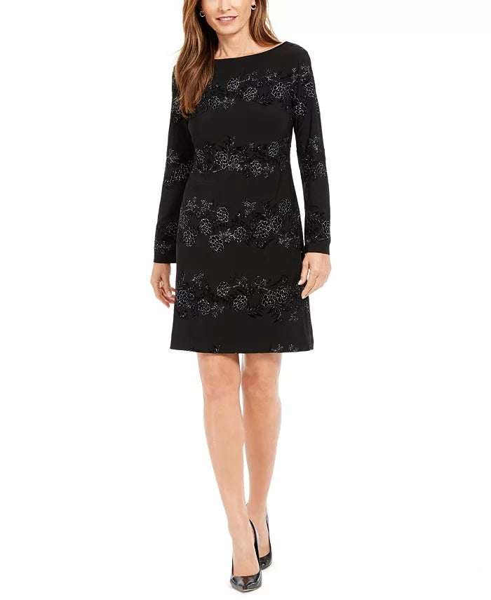 Jessica Howard Women's Metallic Flocked Velvet Dress Black Size 4 Petite