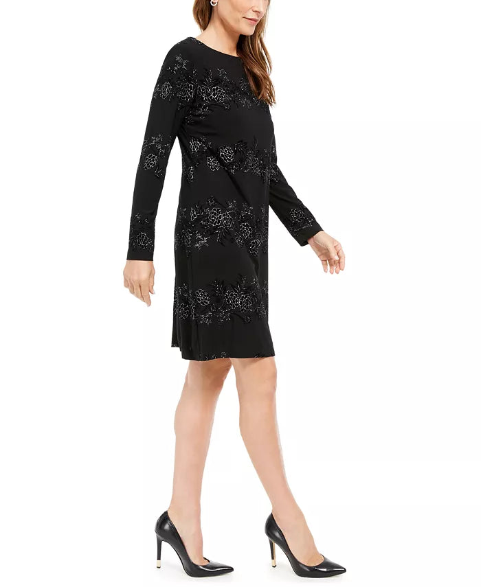 Jessica Howard Women's Metallic Flocked Velvet Dress Black Size 4 Petite