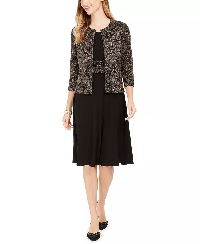 Jessica Howard Women's Glitter Printed Long Sleeve Jewel Neck Midi Shift Dress Black Size 8 Petite