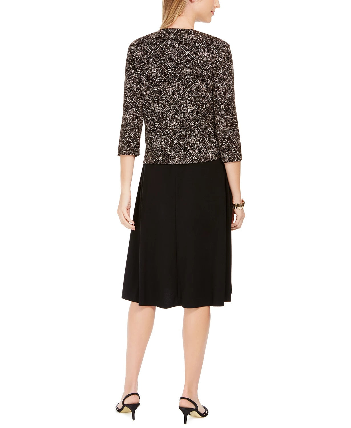 Jessica Howard Women's Glitter Printed Long Sleeve Jewel Neck Midi Shift Dress Black Size 8 Petite