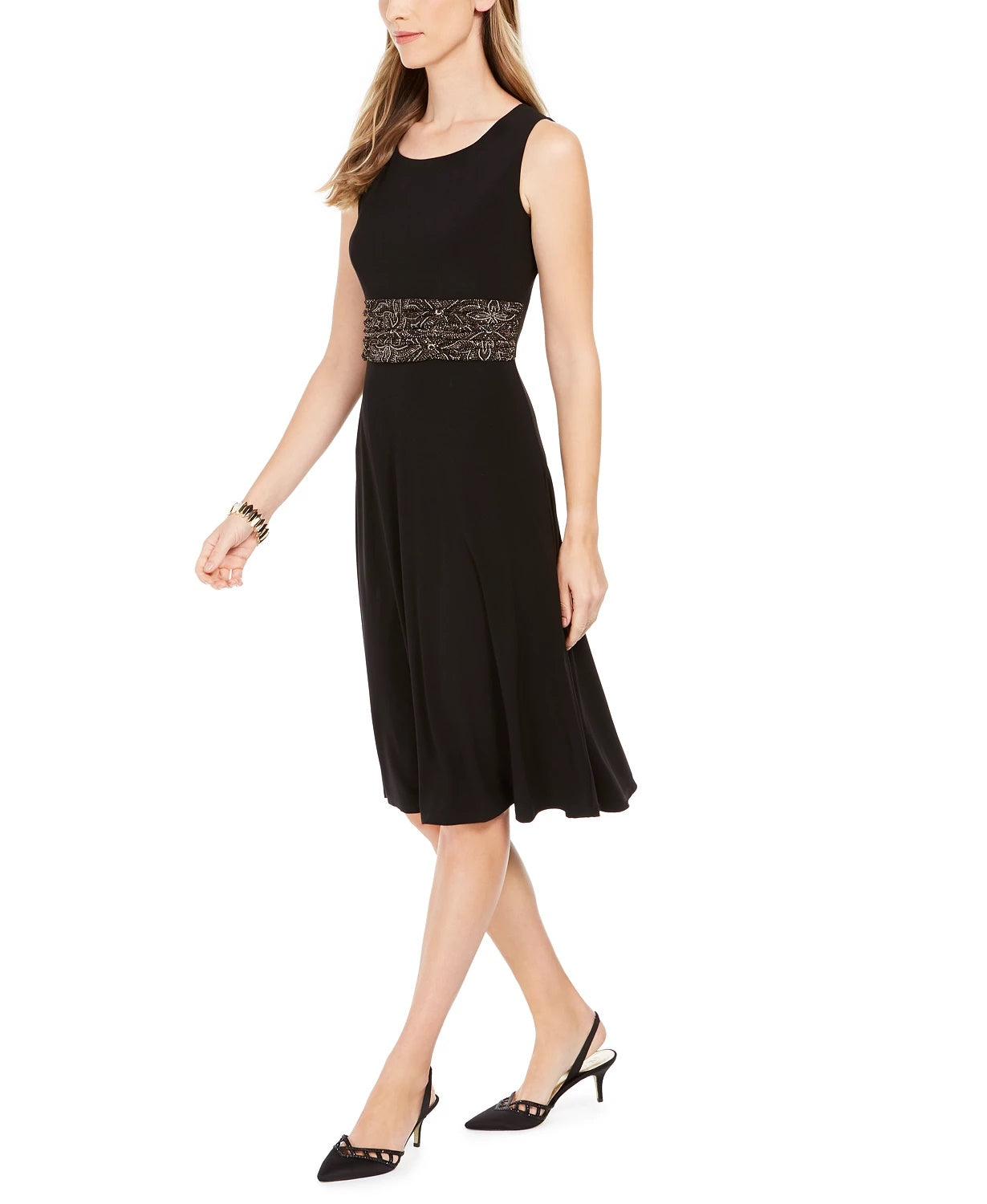 Jessica Howard Women's Glitter Printed Long Sleeve Jewel Neck Midi Shift Dress Black Size 8 Petite