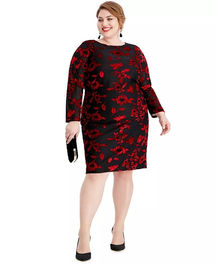 Jessica Howard Women's Embroidered Floral Long Sleeve Jewel Neck Knee Length Sheath Party Dress  Black Size 18W