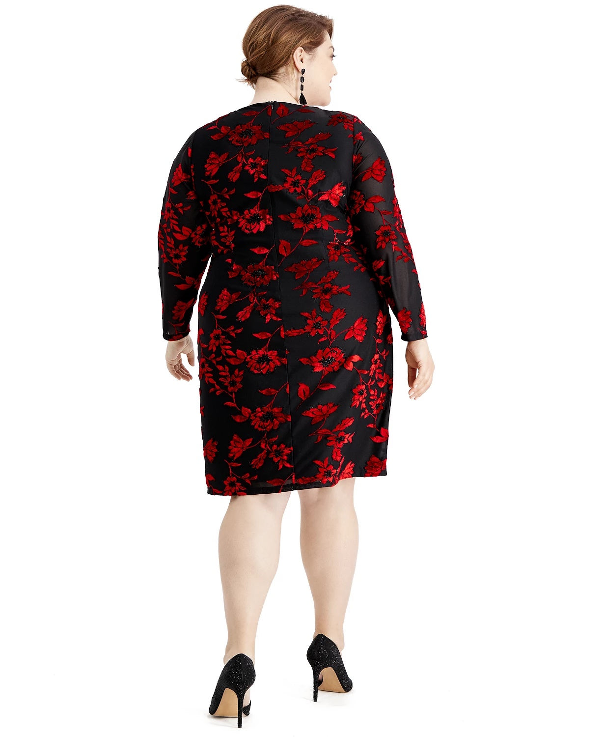 Jessica Howard Women's Embroidered Floral Long Sleeve Jewel Neck Knee Length Sheath Party Dress  Black Size 18W