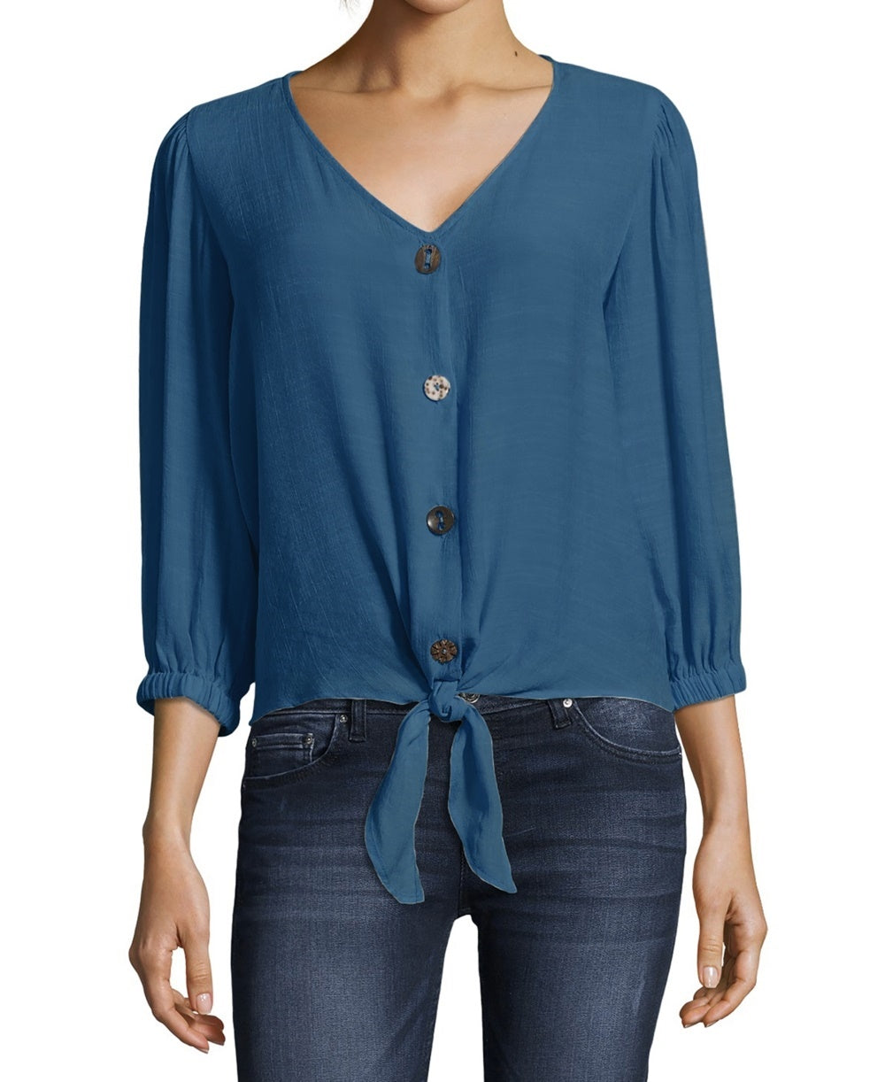 John Paul Richard Tie Women's Front Blouse With Button Front Blue Size Large